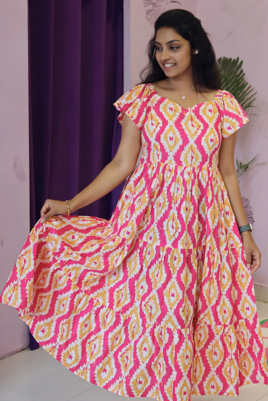 Flared Ikat Print Maxi Dress