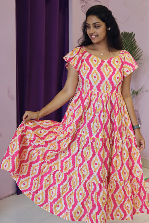 Flared Ikat Print Maxi Dress