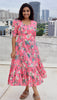 Pink Floral Tiered Midi Dress