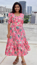 Pink Floral Tiered Midi Dress
