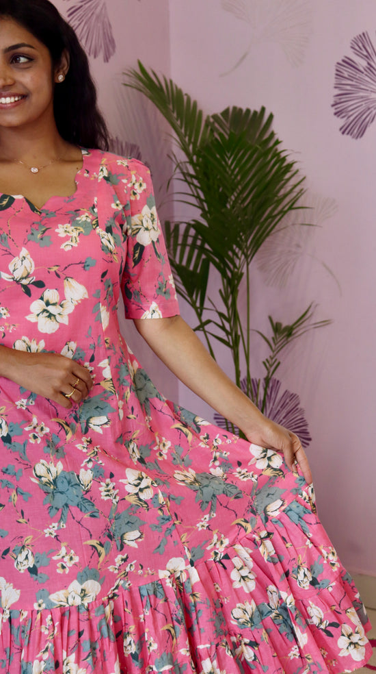 Pink Floral Tiered Midi Dress