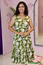 Green Tropical Leaf Print Sleeveless Midi Dress