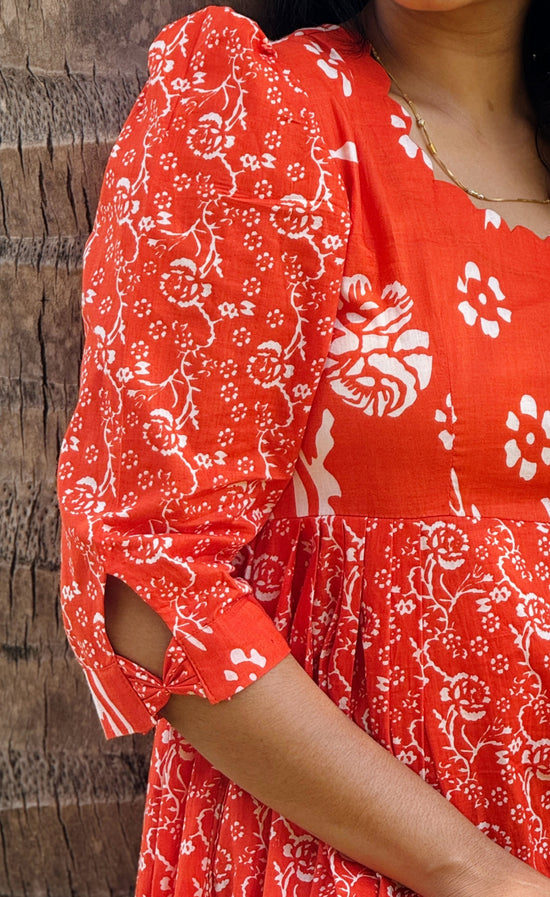 Crimson Bloom Scallop Cotton Dress