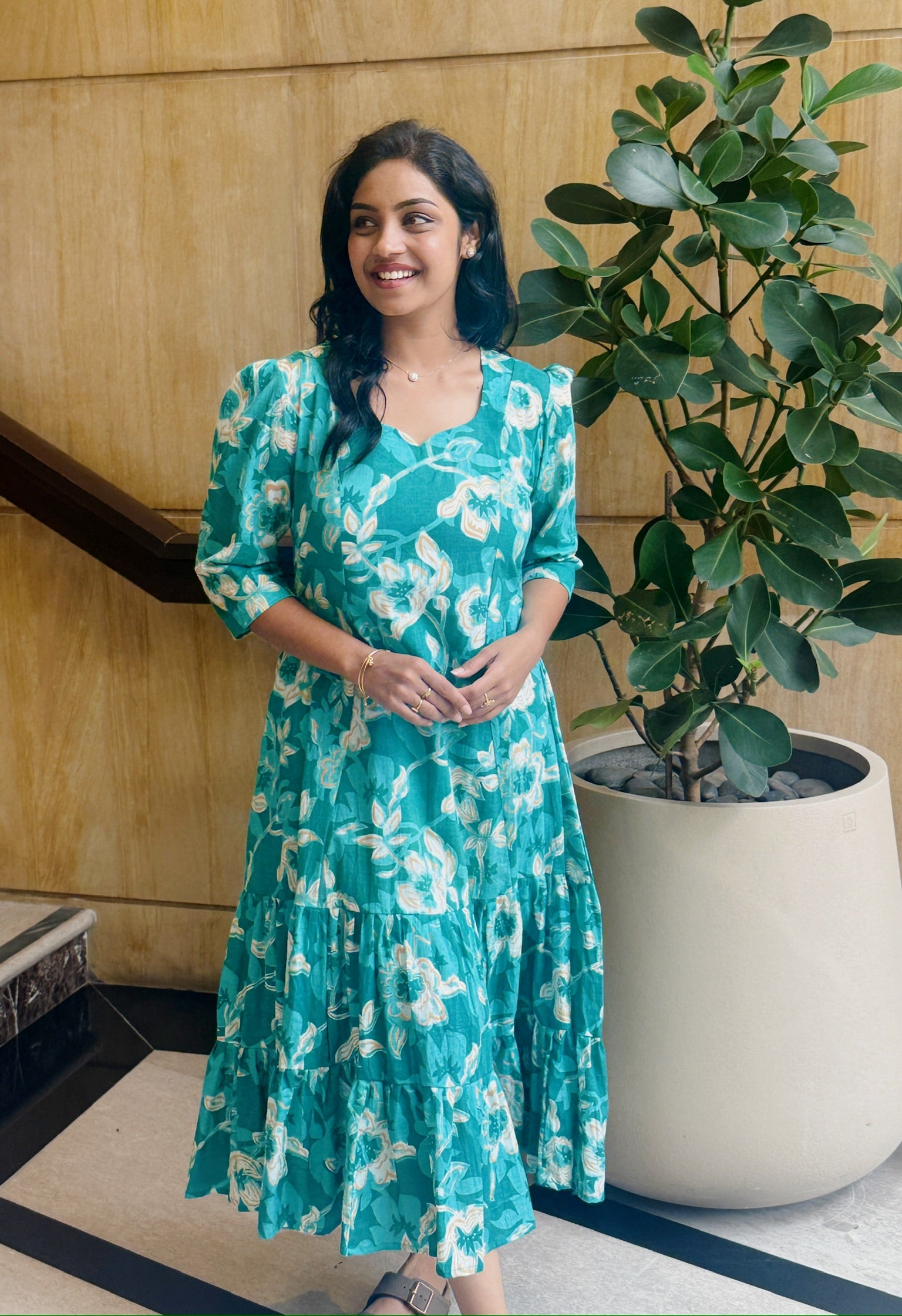 Teal Bloom Puff-Sleeve Cotton Midi Dress