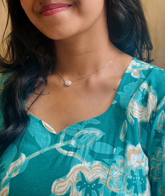 Teal Bloom Puff-Sleeve Cotton Midi Dress