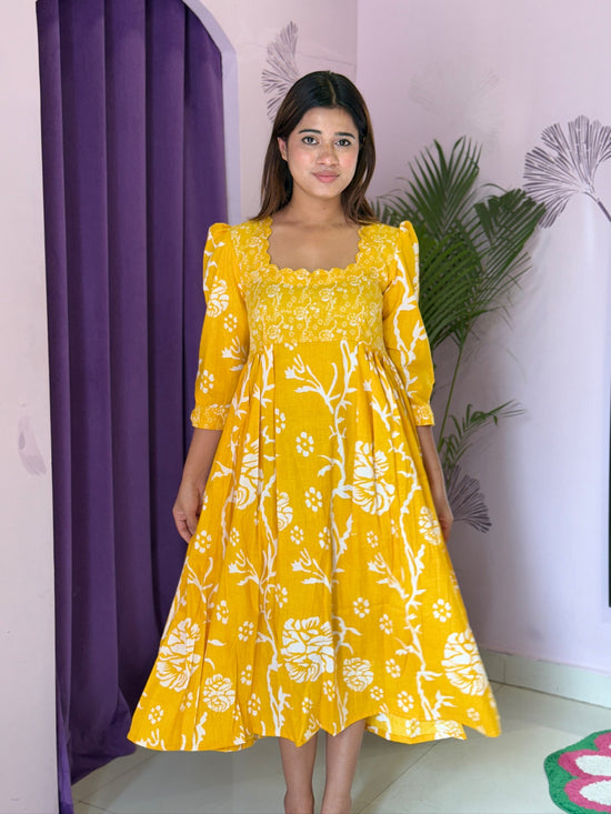 Sunshine Mustard Floral Embroidered Midi Dress