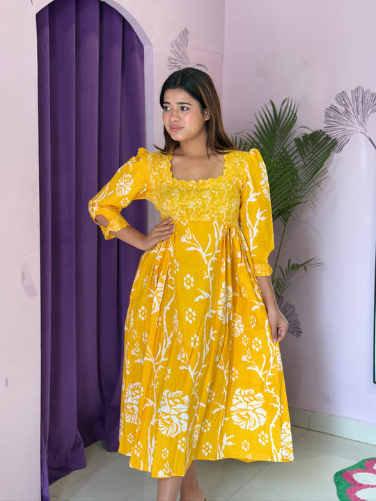 Sunshine Mustard Floral Embroidered Midi Dress