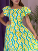Yellow & Teal Ikat Print Flared Midi Dress