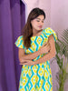 Yellow & Teal Ikat Print Flared Midi Dress