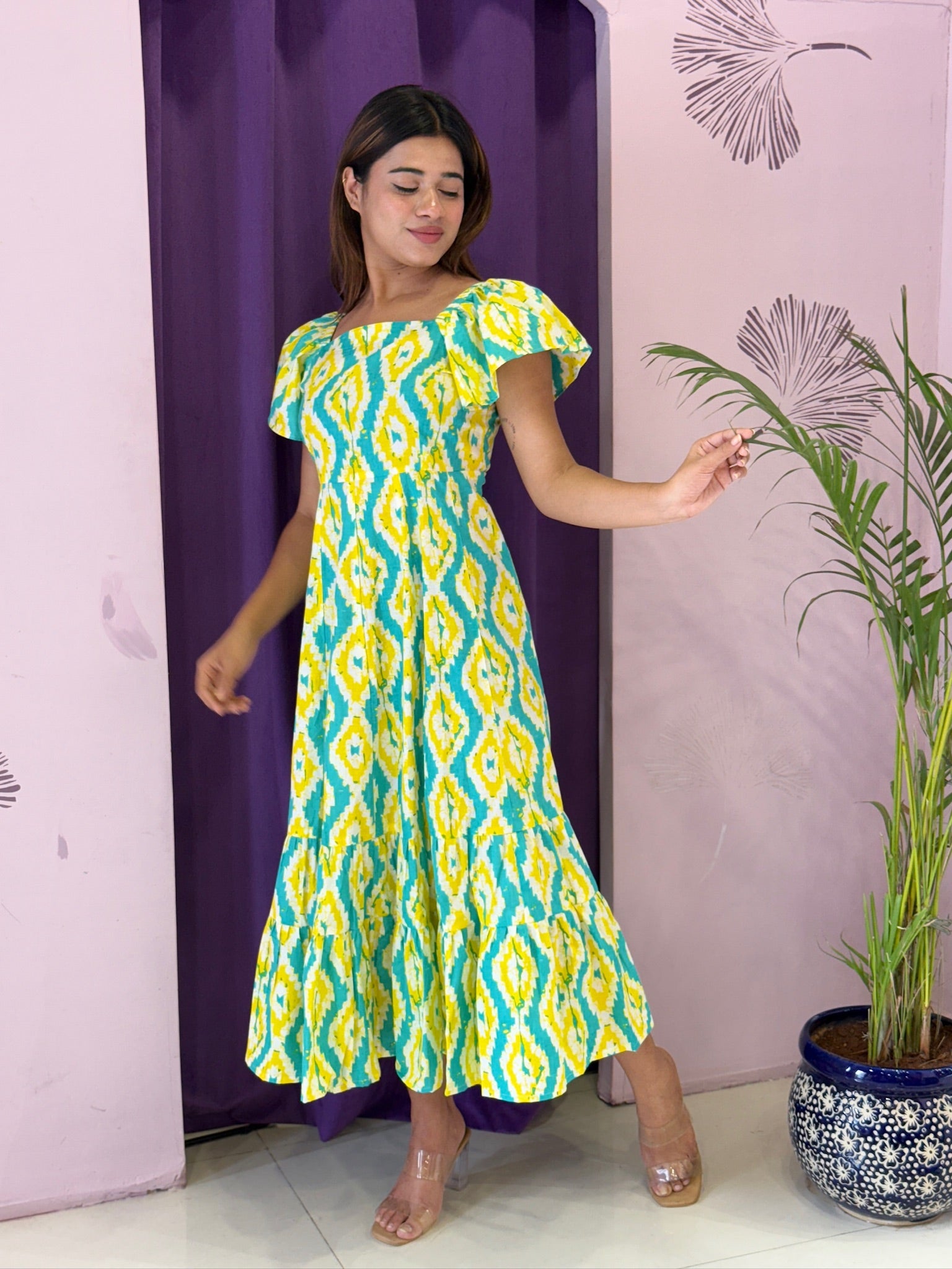 Yellow & Teal Ikat Print Flared Midi Dress