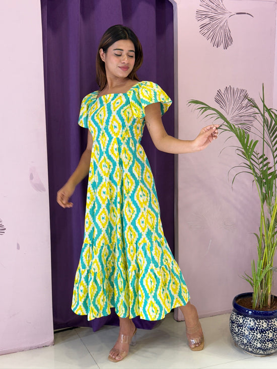 Yellow & Teal Ikat Print Flared Midi Dress