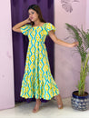 Yellow & Teal Ikat Print Flared Midi Dress