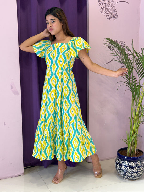 Yellow & Teal Ikat Print Flared Midi Dress
