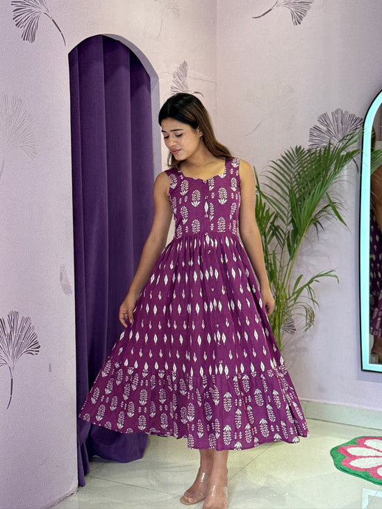 Plum Handblock Sleeveless Flared Midi Dress