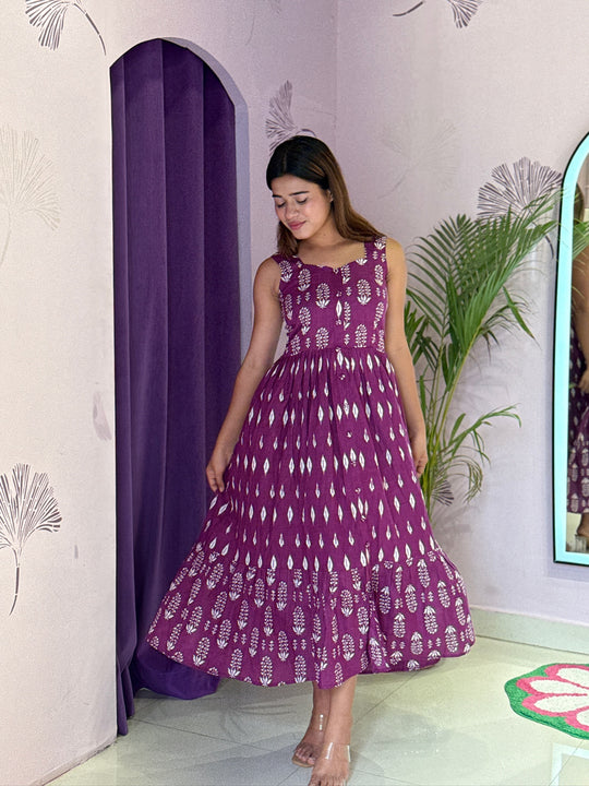 Plum Handblock Sleeveless Flared Midi Dress