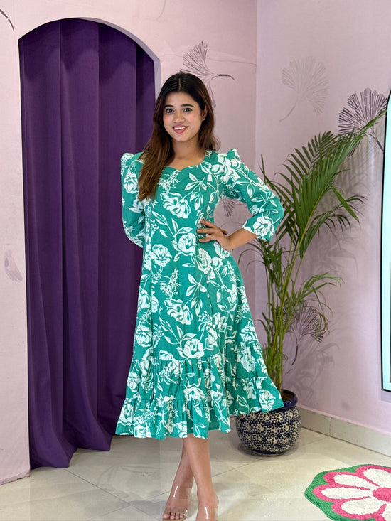Sea Green Floral Ruffle Midi Dress
