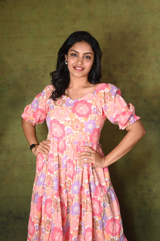 Pink Floral Tiered Puff- Sleeve Maxi Dress