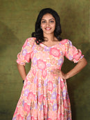 Pink Floral Tiered Puff- Sleeve Maxi Dress