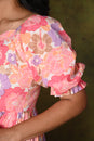 Pink Floral Tiered Puff- Sleeve Maxi Dress
