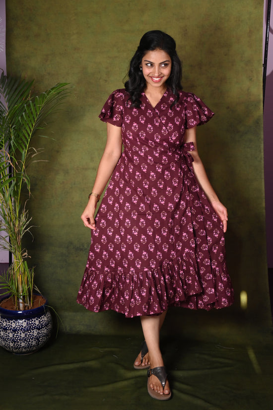 Maroon Wrap Dress with Pink Floral Print