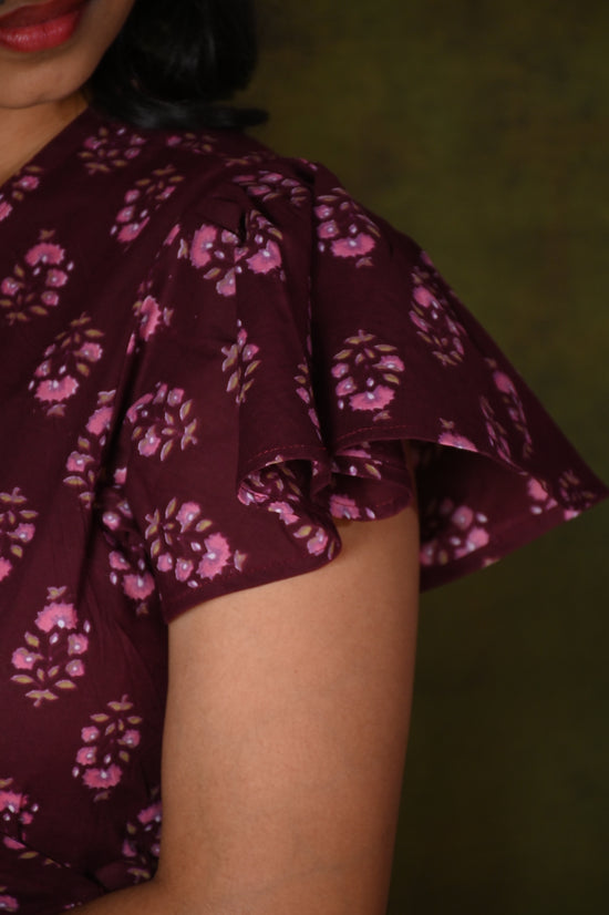 Maroon Wrap Dress with Pink Floral Print