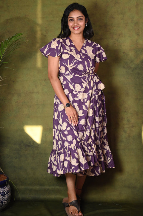 Purple Wrap Dress with Beige Floral Print