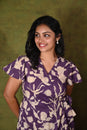 Purple Wrap Dress with Beige Floral Print