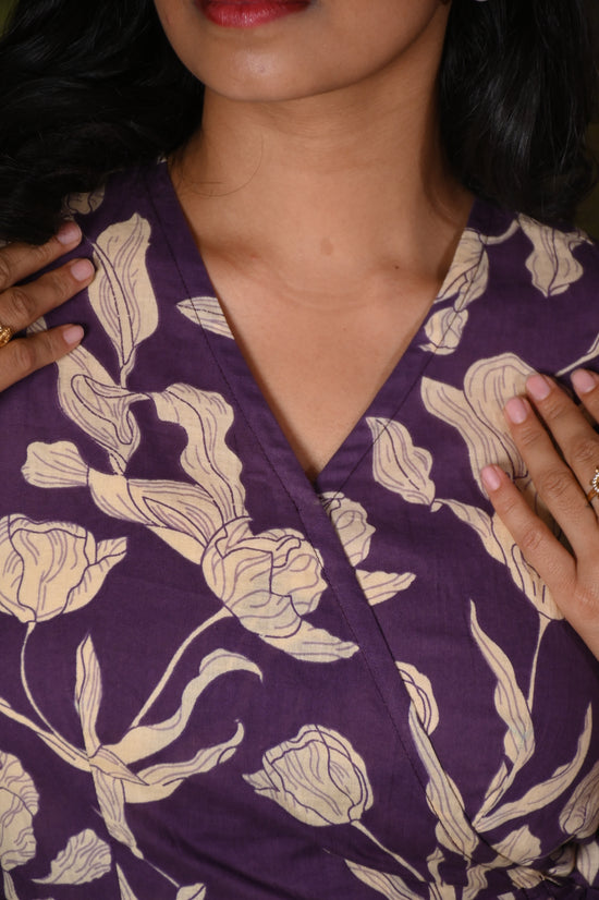 Purple Wrap Dress with Beige Floral Print
