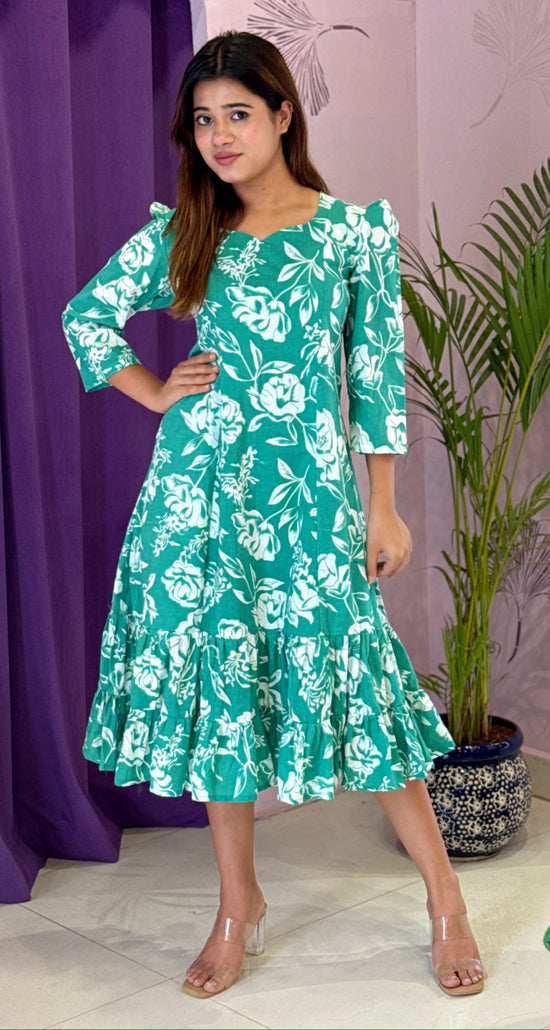Sea Green Floral Ruffle Midi Dress