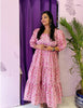 Women's Pink Floral Tiered Puff- Sleeve Maxi Dress