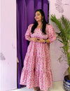 Women's Pink Floral Tiered Puff- Sleeve Maxi Dress