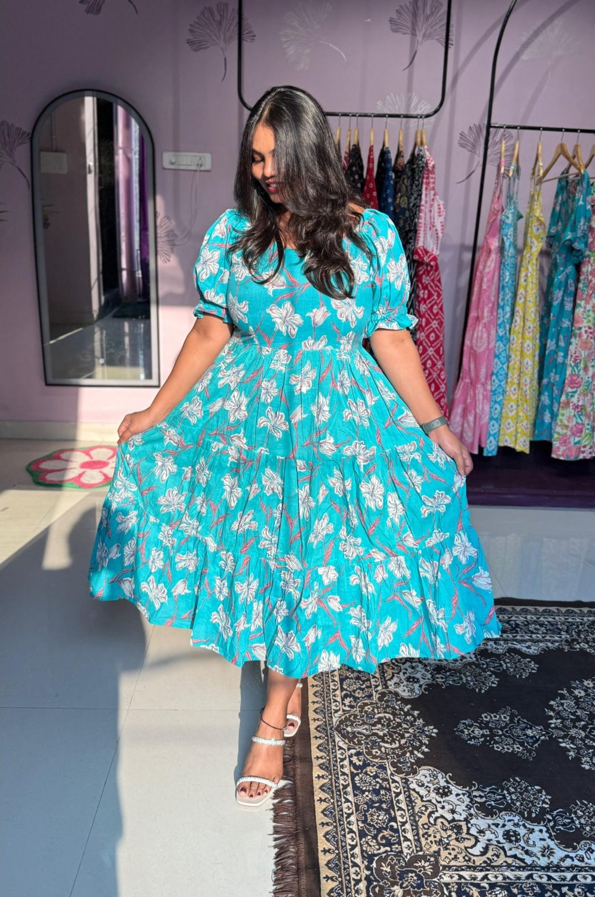 Women's Teal Floral Puff- Sleeve Tiered Maxi Dress