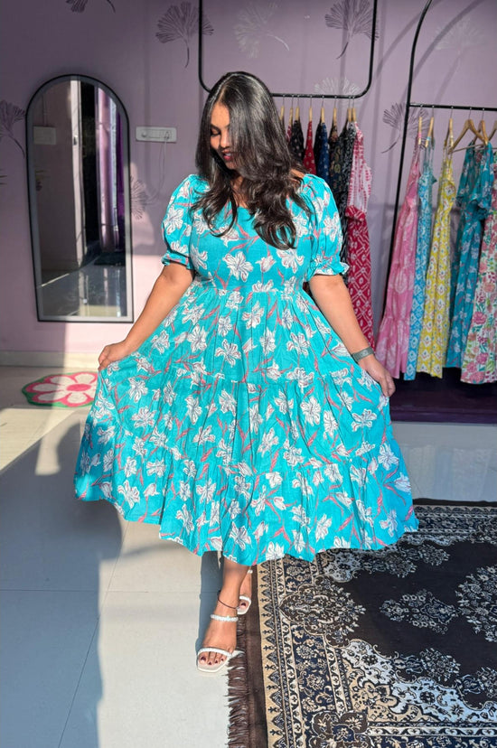 Women's Teal Floral Puff- Sleeve Tiered Maxi Dress