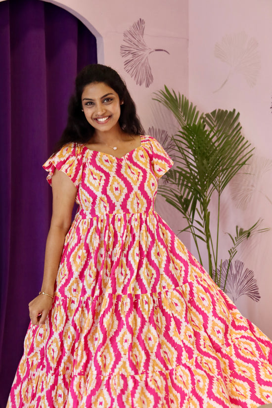 Flared Ikat Print Maxi Dress
