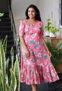 Pink Floral Tiered Midi Dress