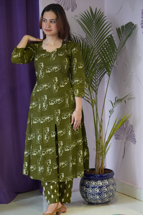Petal Neck Olive Green Kurta Set