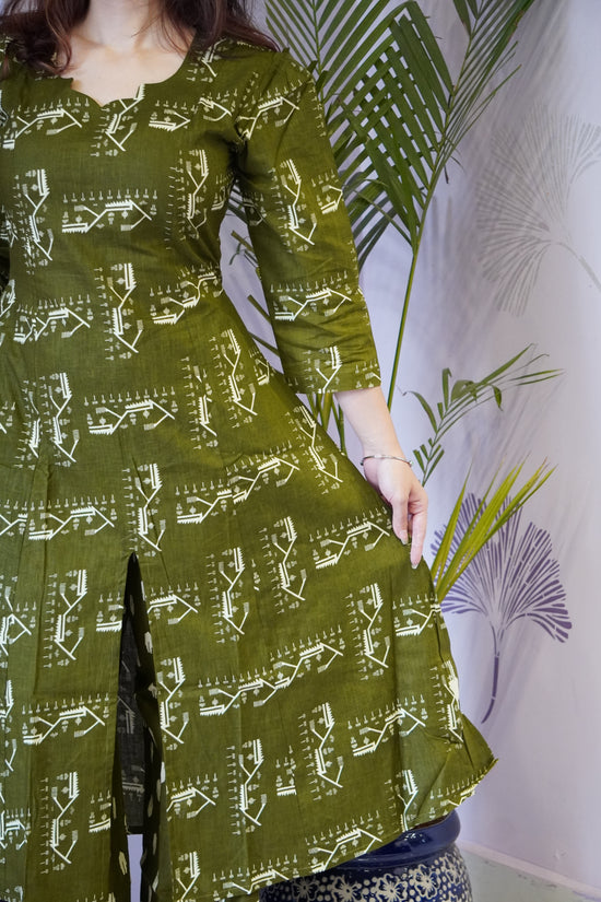 Petal Neck Olive Green Kurta Set
