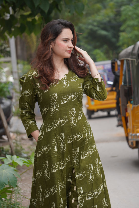 Petal Neck Olive Green Kurta Set