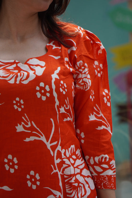 Orange Floral Print Kurta Set