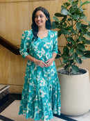 Teal Bloom Puff-Sleeve Cotton Midi Dress