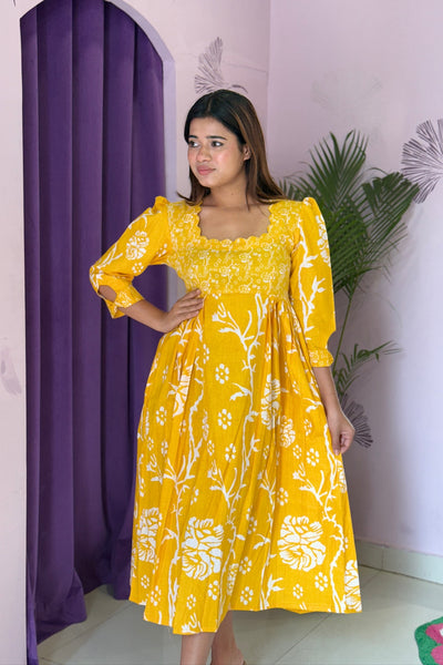 Sunshine Mustard Floral Embroidered Midi Dress
