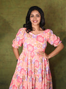 Pink Floral Tiered Puff- Sleeve Maxi Dress