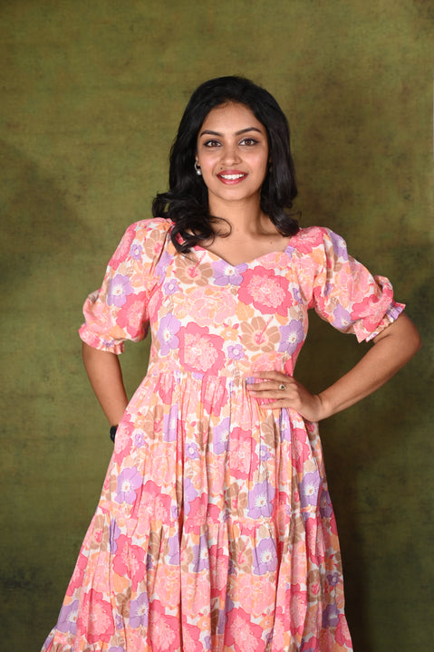Pink Floral Tiered Puff- Sleeve Maxi Dress