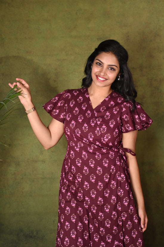 Maroon Wrap Dress with Pink Floral Print