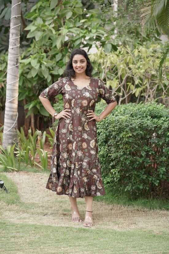 Brown Floral Print Midi Dress