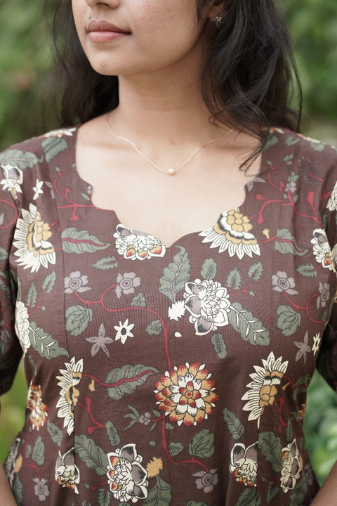 Brown Floral Print Midi Dress
