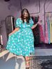 Women's Teal Floral Puff- Sleeve Tiered Maxi Dress